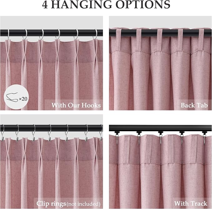 Pink Pinch Pleated Long Linen Curtains 120 Inch 2 Panels for Living Room Bedroom Sliding Glass Door Curtain Privacy Light Filtering Windows Treatment Farmhouse Neutral Rustic Decorations 40x120