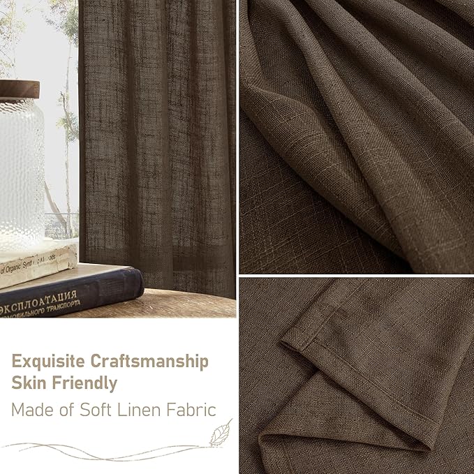 LAMIT 95 Inches Long Linen Curtains for Living Room, Back Tab and Rod Pocket Semi Sheer Curtains Light Filtering Farmhouse Drapes for Bedroom/Dining Room, Dark Brown, Set of 2, 52 x 95 Inch