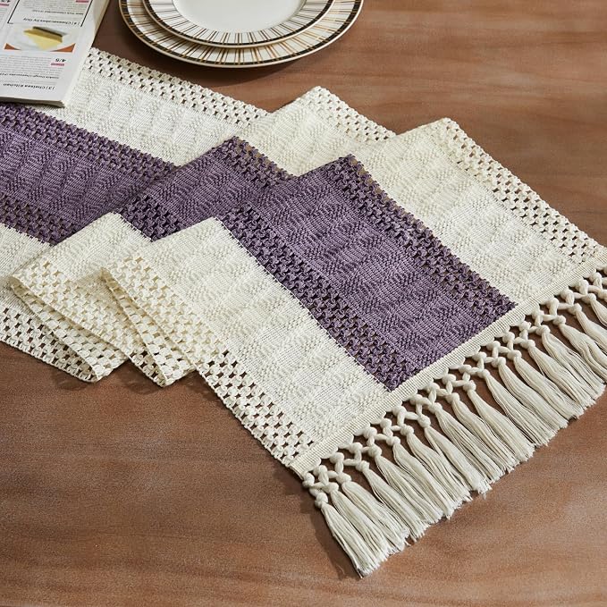 ZeeMart Macrame Style Bicolor Stitching Table Runner, 14 x 72 Inch Purple/Ivory, Boho Purple Table Runners 72 Inches Long, Farmhouse Woven Home Decor
