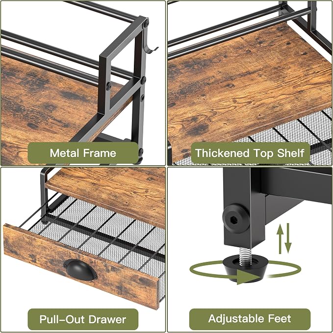 Coffee Syrup Rack Organizer, 2 Tier Countertop Storage Shelves with 35 K Cup Drawer, 8 Syrup Bottle Stand Holder for Wine, Kitchen Coffee Station Organizer Rack, Rustic Brown