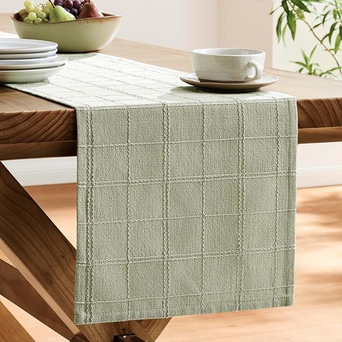 ZeeMart Linen Checked Farmhouse Table Runner, 13x108 Inches Seeding Green | Raised Grid Design, Rich Woven Texture, Linen Blend Table Runners 108 Inches Long, Machine Washable, Boho Home Kitchen Decor