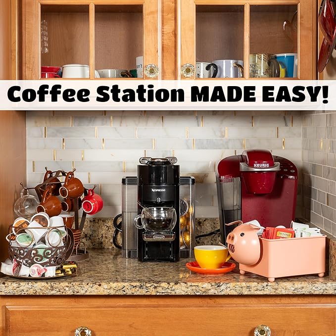 Made Easy Kit Coffee Pod Basket Organizer Practical Decoration - Compatible with Keurig K-Cup Pods & Capsules - Home Cafe Bar Decor Useful Kitchen Countertop Freestanding (Pig Square)