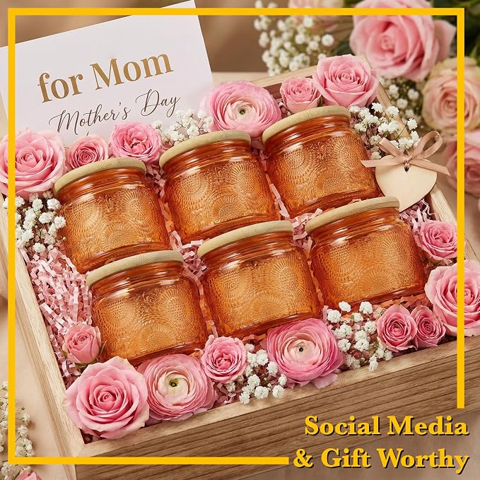 4 oz Amber Mini Glass Jars with Airtight Bamboo Lids 6 pack, Decorative Small Food Storage Canister, Vintage Embossed Home Decor Candle Parties Wedding Baby Shower Favors Gift