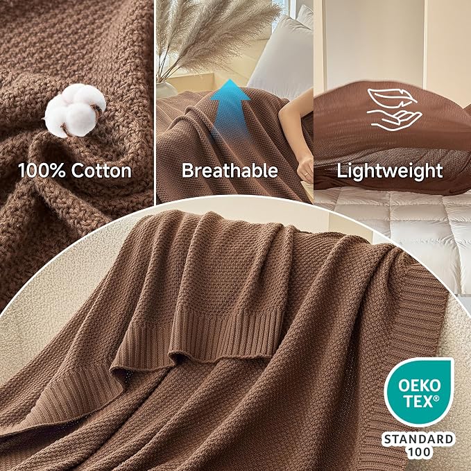 Simple&Opulence 100% Cotton Blanket King Size, Solid Color Cable Knitted Blanket Super Soft Comfortable Breathable Decorative Farmhouse for Couch Sofa Bed, All Season Use(Coffee,104x90)