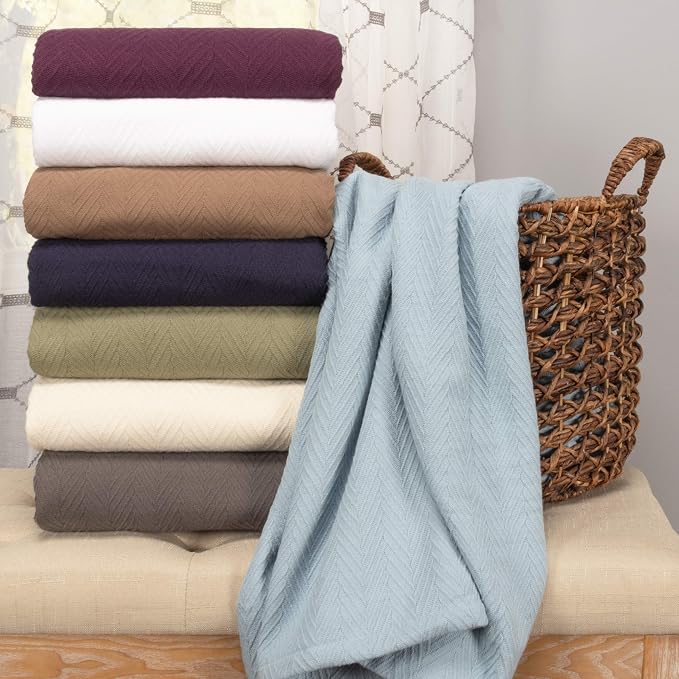 Superior Metro All-Season Cotton Blanket, Woven Blanket for Couch, Bed, Bedding, Farmhouse, Home Essentials, Cute and Cozy Bohemian Blankets, Herringbone Weave, Throw Size, Ivory