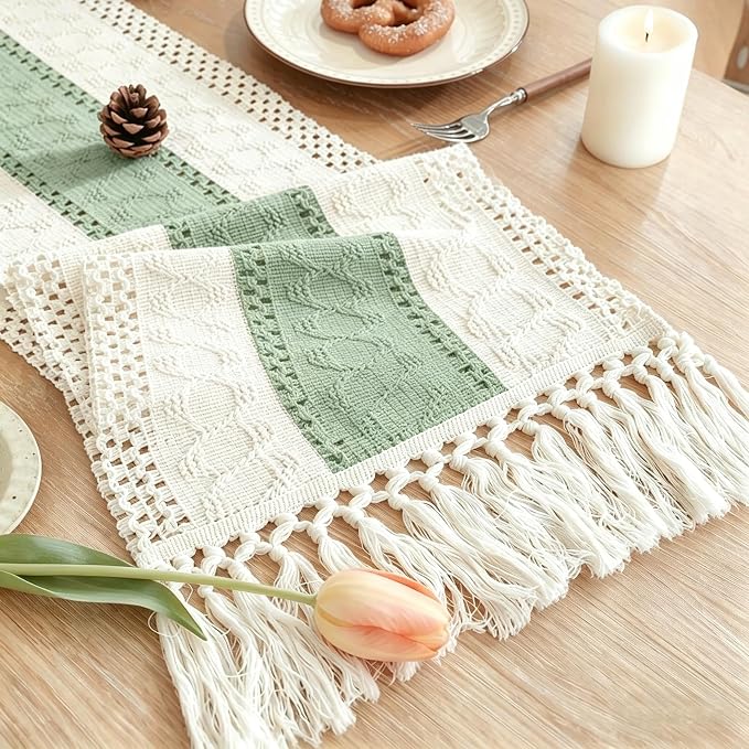 Boho Table Runner for Home Decor with Tassels 72 Inches Long , Farmhouse Rustic Green Table Runners for Bohemian Kitchen Dining Table(12x72in)