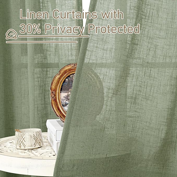 LAMIT Sheer Linen Curtains 63 inches Long for Bedroom, Bronze Grommet Linen Drapes Light Filtering Semi Sheer Curtains for Small Window/Farmhouse, 2 Panels (52 x 63 Inch, Sage Green)