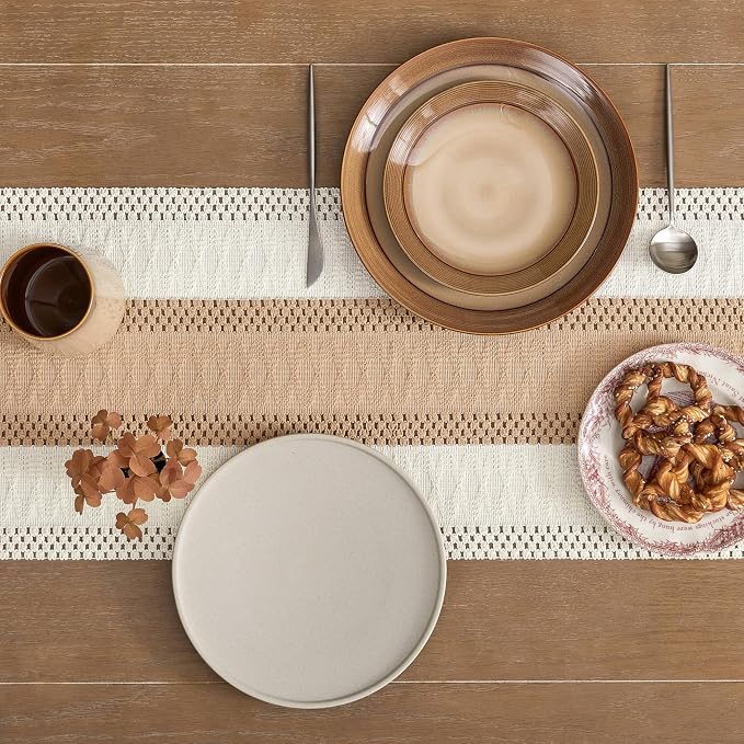 ZeeMart Macrame Style Bicolor Stitching Table Runner, 14 x 72 Inch Beige/Ivory, Boho Light Tan Table Runners 72 Inches Long, Farmhouse Woven Home Decor