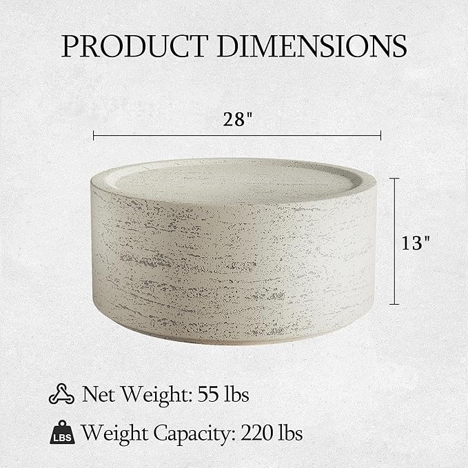 UPHA 28" Round Outdoor Coffee Table, Modern Hollow Concrete Patio Table, Small Minimalist Low Accent Table for Living Room, Balcony, Deck, Backyard, Off-White