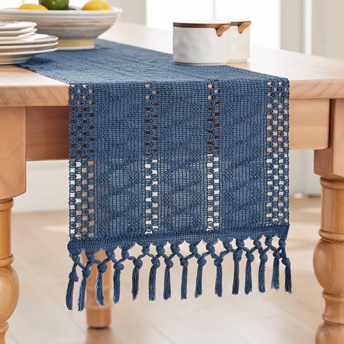 ZeeMart Macrame Style Boho Table Runner, Blue Table Runners 72 Inches Long, Farmhouse Woven Home Decor, 12x72 Inch, Dusty Blue