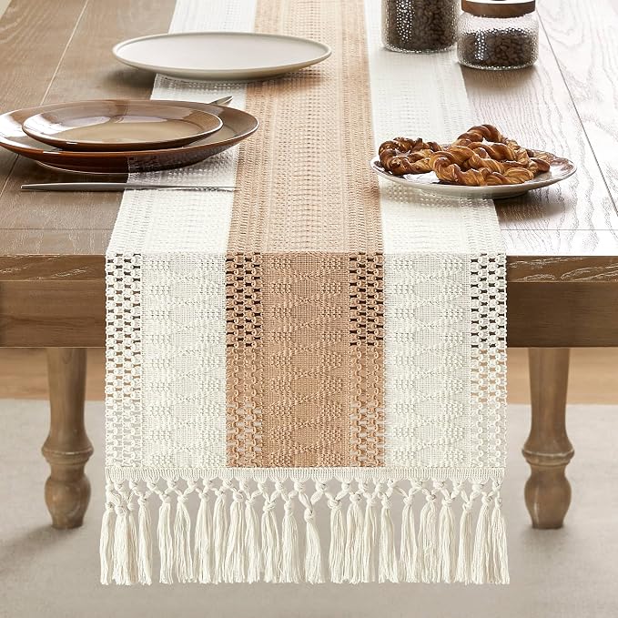 ZeeMart Macrame Style Bicolor Stitching Table Runner, 14 x 36 Inch Beige/Ivory, Boho Light Tan Table Runners 36 Inches Long, Farmhouse Woven Home Decor