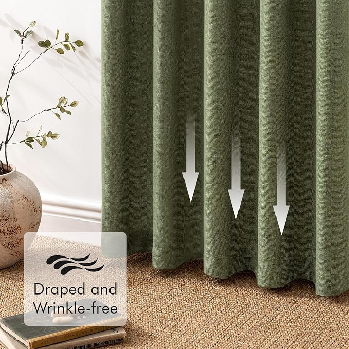 MIULEE Faux Linen Curtains 84 Inch Length 2 Panels Natural Olive Green Semi Sheer Curtain with Back Tab Rod Pocket, Light Filtering Window Privacy Burlap Drapes for Living Room Bedroom 42W x 84L