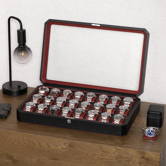 ROTHWELL 24 Slot Watch Case with Lock – Luxury Watch Box to Display and Organize Your Collection | Real Glass Top | Premium Storage for Collectors (Black/Red)