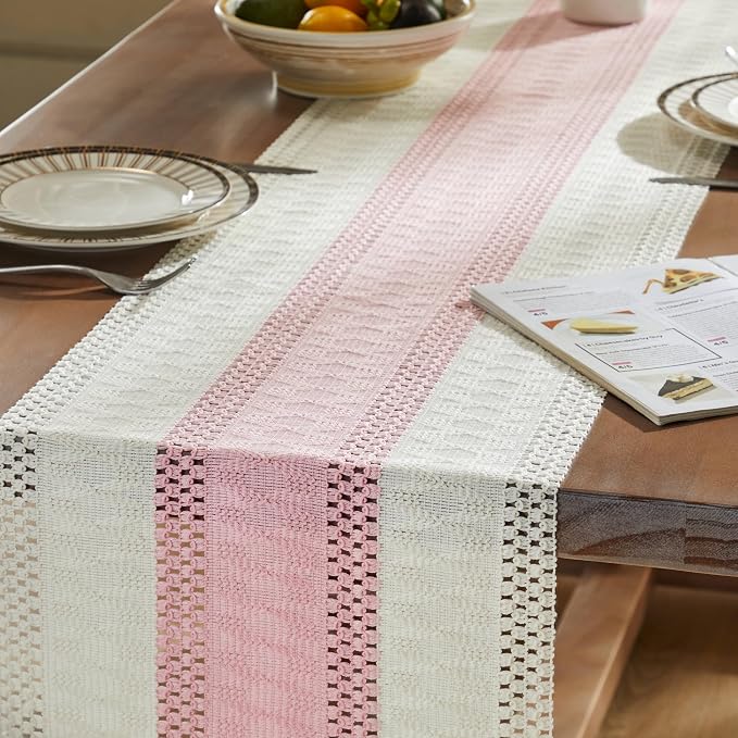ZeeMart Macrame Style Bicolor Stitching Table Runner, 14 x 72 Inch Light Pink/Ivory, Boho Pink Table Runners 72 Inches Long, Farmhouse Woven Home Decor