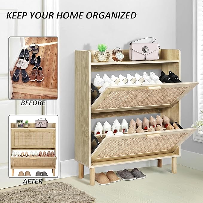 Finnhomy Extended Edition Shoe Cabinet with Natural Rattan Flip Drawers for Entryway, Free Standing 2 Tier Slim Shoe Organizer with Large Top Board, Shoe Cabinet with 3-Gear Adjustable Width Drawers