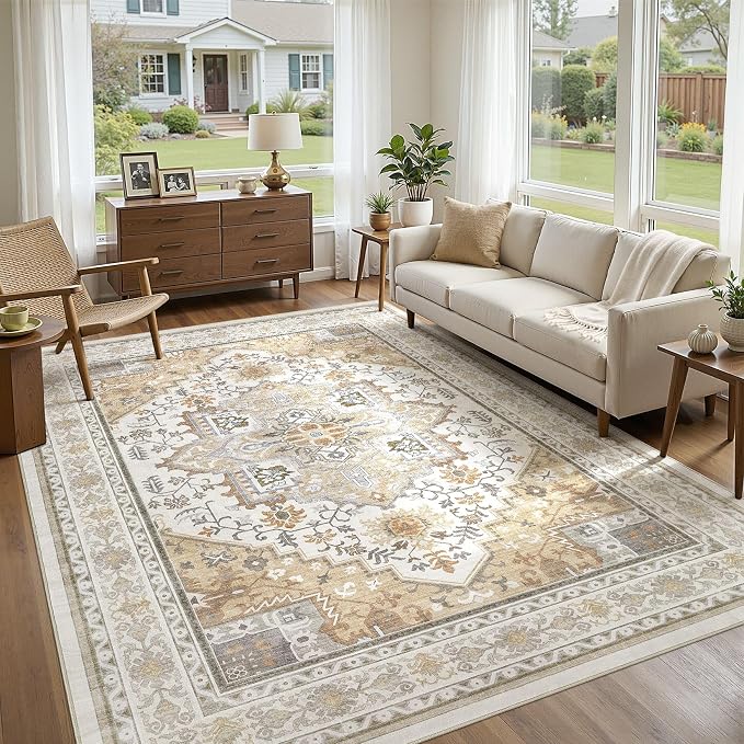 UERMEI 8x10 Area Rug for Living Room - Washable Vintage Carpet, Non-Slip Soft Large Indoor Floor Rugs for Bedroom Home Office & Under Dining Table Decor, Brown Beige