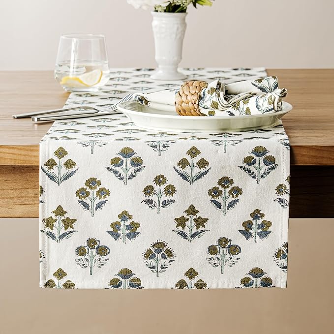 100% Cotton Block Print Floral Table Runners, 13x48 Inch Brown Farmhouse Table Runners 48 Inches Long Boho Flowers Home Decors