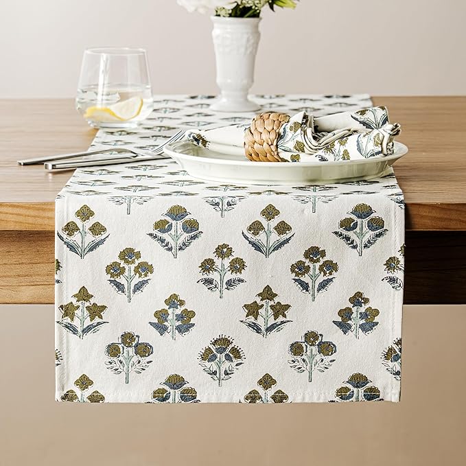 100% Cotton Block Print Floral Table Runners, 13x72 Inch Brown Farmhouse Table Runners 72 Inches Long Boho Flowers Home Decors