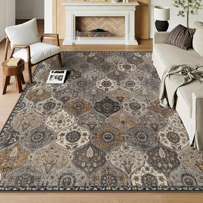 Lahome Moroccan Trellis 9x12 Rug for Living Room, Soft 9x12 Area Rug for Bedroom Dining Room, Ultra-Thin Non-Slip Non Shedding Distressed Throw Large Carpet for Office Elise, Grey