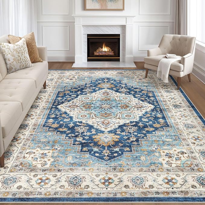8x10 Area Rugs Living Room: Washable Boho Large Neutral Vintage Soft Rugs Stain Resistant Farmhouse Non-Slip Indoor Floor Retro Carpet for Bedroom Nursery Kids Office Dining Room- Navy Beige