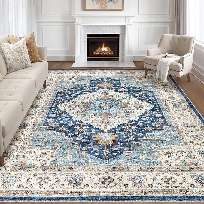 9x12 Area Rug Living Room: Washable Boho Large Neutral Vintage Soft Rugs Stain Resistant Farmhouse Non-Slip Indoor Floor Retro Carpet for Bedroom Nursery Kids Office Dining Room- Navy Beige