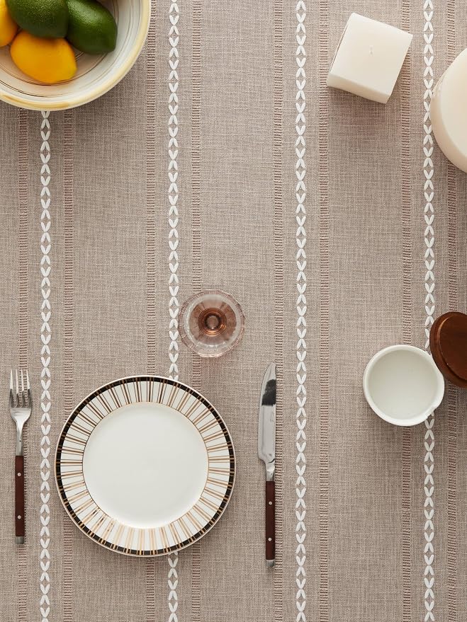 ZeeMart Hemstitched Embroidery Striped Boho Tablecloth 54x54 Inch Taupe, Heavy Weight Farmhouse Burlap Linen Light Brown Tablecloth, Wrinkle Resistant Washable Table Cloth for Square Table
