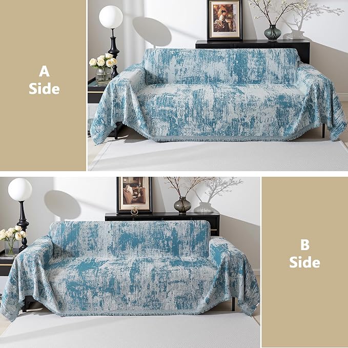 MEETSKY Boho Couch Cover for 2 Cushion Couch Sofa, Chenille Sofa Cover for Sectional Sofa, Modern Khaki Abstract Jacquard Sofa Covers Washable Sofa Slipcover for Pets Friendly, 91" X118",Blue