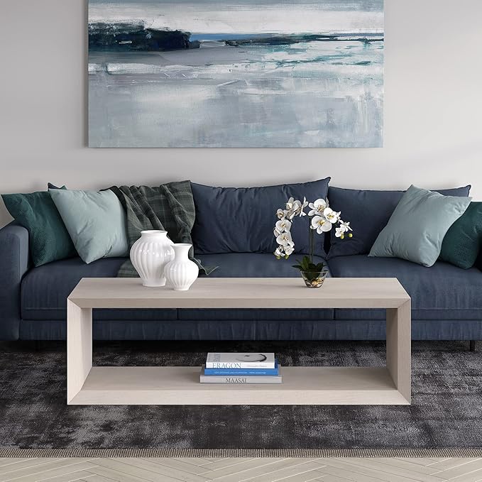Henn&Hart 58" Rectangular Coffee Table with Open Storage Shelf for Living Room, Family Room, or Office, Beech White