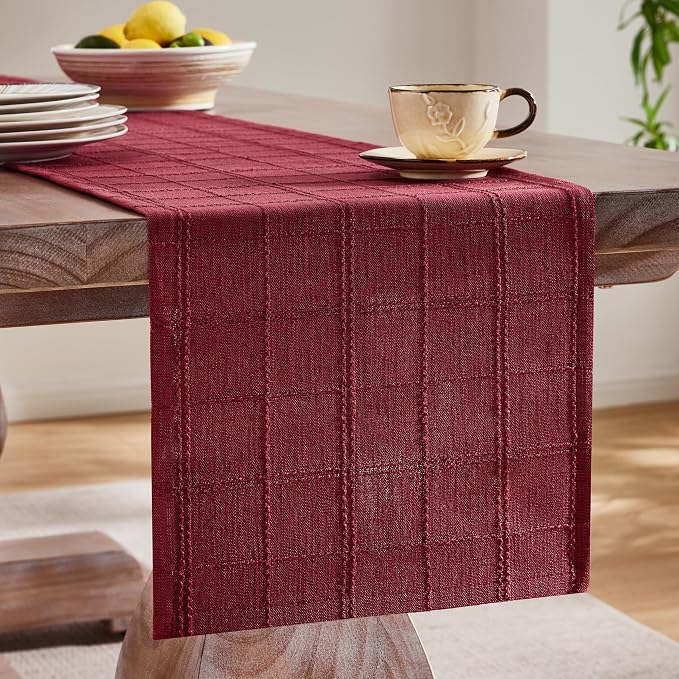 ZeeMart Linen Checked Farmhouse Table Runner, 13x60 Inches Burgundy | Raised Grid Design, Rich Woven Texture, Linen Blend Table Runners 60 Inches Long, Machine Washable, Boho Home Kitchen Decor