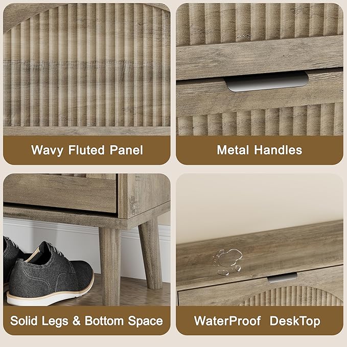 Shoe Storage Cabinet with 3 Flip Drawers, Narrow Wood Shoe Organizer Cabinet with Fluted Panel, Slim Shoe Rack for Entryway, Freestanding Shoe Cabinet for Living Room, Hallway, Grey