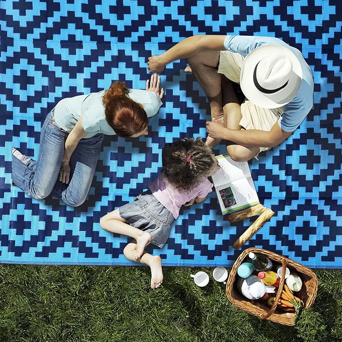 SAND MINE Reversible Mats, Plastic Straw Rug, Modern Area Rug, Large Floor Mat and Rug for Outdoors, RV, Patio, Backyard, Deck, Picnic, Beach, Trailer, Camping, Blue, 9' x 12'