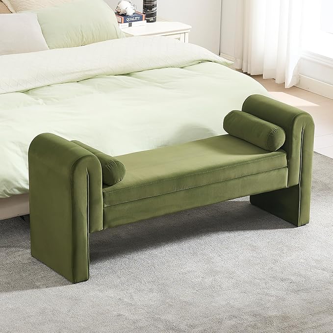 60.5" Velvet Storage Bench, Vintage Upholstered Rolled Armed Button Tufted Stool Bench for Bedroom, Living Room, Entryway, Hallway, Dressing Room (Green)