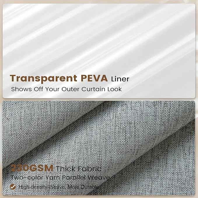 BTTN 3 in 1 Shower Curtain Set - 90 Inch Extra Long Linen Textured Cloth Shower Curtain Liner with Plastic Hook, Modern Hotel Luxury Waterproof Fabric Shower Curtain for Bathroom, Grey/Gray, 72x90