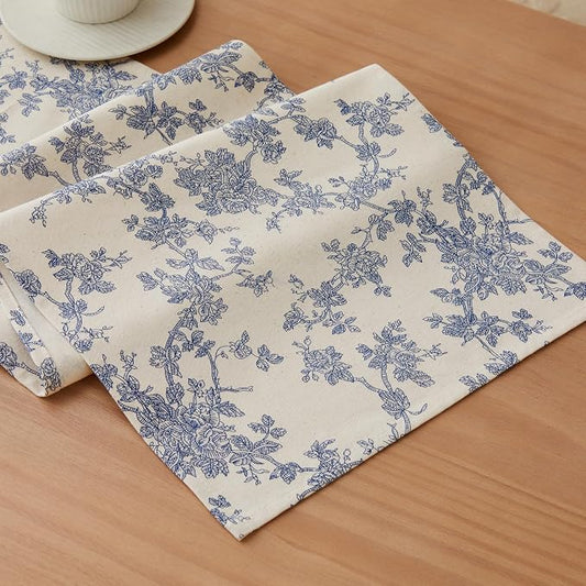 100% Cotton French Pastoral Table Runners, 13x60 Inch Blue Farmhouse Table Runners 60 Inches Long, Vintage Flowers Print Home Decors