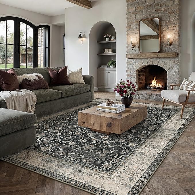 HUGEAR 9x12 Machine Washable Rugs Black Beige Hallway Large Area Rug Indoor Accent Rug Floral Low Pile Carpet Soft Throw Aesthetic Rug Bedroom Living Room Office Dining Room Kitchen Laundry Room