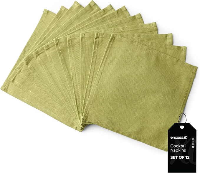 Encasa XO Cocktail Cloth Napkins Set of 12 | Pure Cotton Table Napkin | Size (9"x9") | Sage Solid | Machine Washable