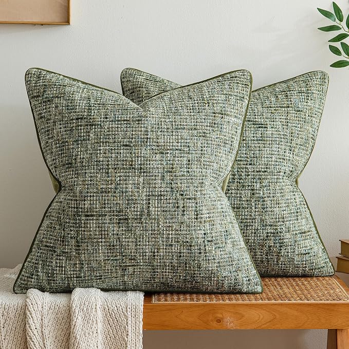 a moment Dark Green Reversible Pillow Covers 2 Pack - Farmhouse Chenille Velvet Throw Pillows, Neutral Textured Decorative Throw Pillow Covers with Border for Couch Sofa Bed (22x22 Inch, No Insert)
