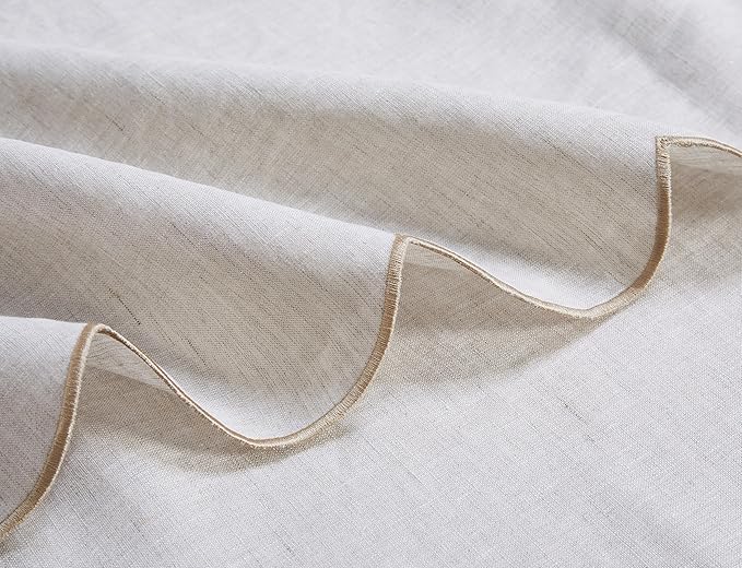 100% French Flax Linen Tablecloths Scalloped Embroidery Rectangle 84Lx60W Inch for Dinners, Parties, Spring, Easter, Machine Washable, 6-8 Sets, 60''x84'', Linen(Edges-Gold)