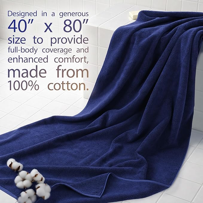 Cotton Paradise 100% Cotton Turkish Towel Set, Soft Absorbent Quick Dry, 40x80 Oversized Bath Sheet Towel, Navy Blue