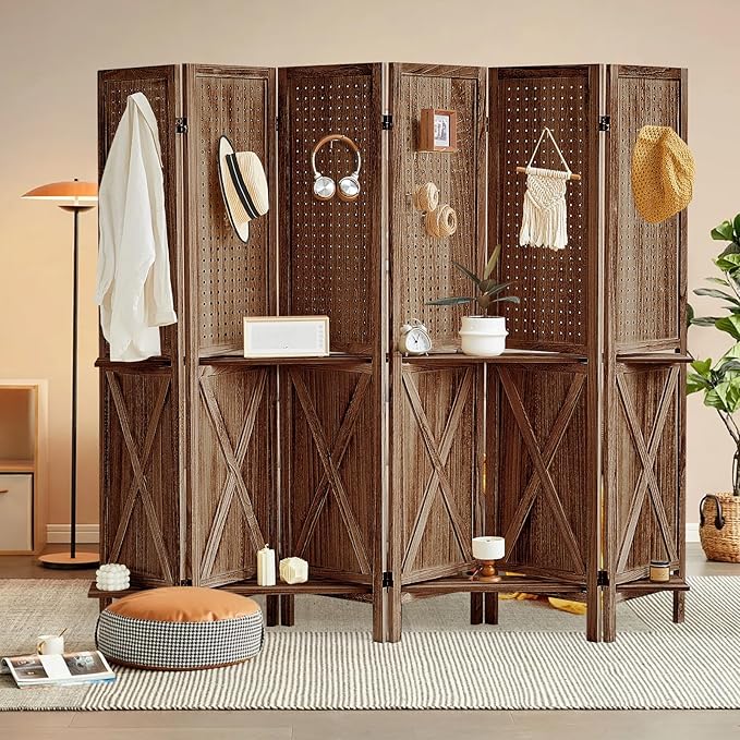 6 Panel Pegboard Display with 24 Hooks, Wooden Pegboard Room Divider Wall with Shelf, Rustic Room Dividers and Folding Privacy Screens, Bedroom, Jewelry Store, Brown