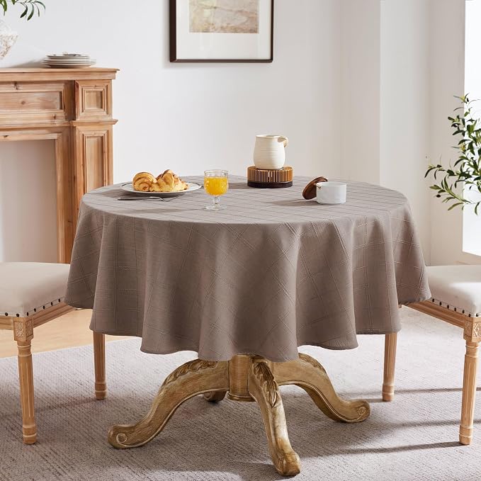 ZeeMart Linen Checked Table Cloth 60 Inches Round, Farmhouse Style Plaid Embroidered Water Resistant Table Cover, Cocoa Brown