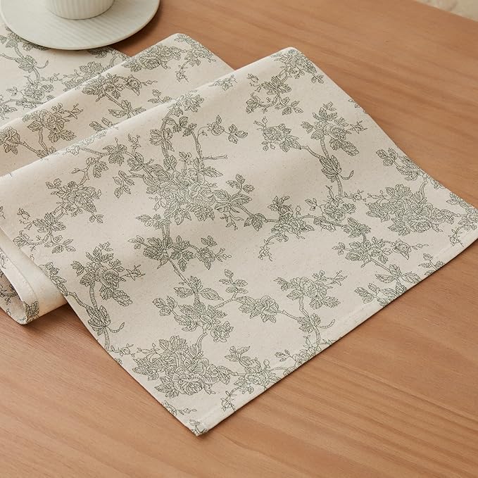 100% Cotton French Pastoral Table Runners, 13x48 Inch Green Farmhouse Table Runners 48 Inches Long, Vintage Flowers Print Home Decors