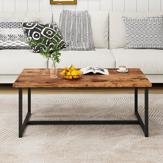 Coffee Table Rectangular Center Table for Living Room Open Space Side Table with Metal Frame, Easy Assembly, Black+ Rustic Brown Wood Coffee Table