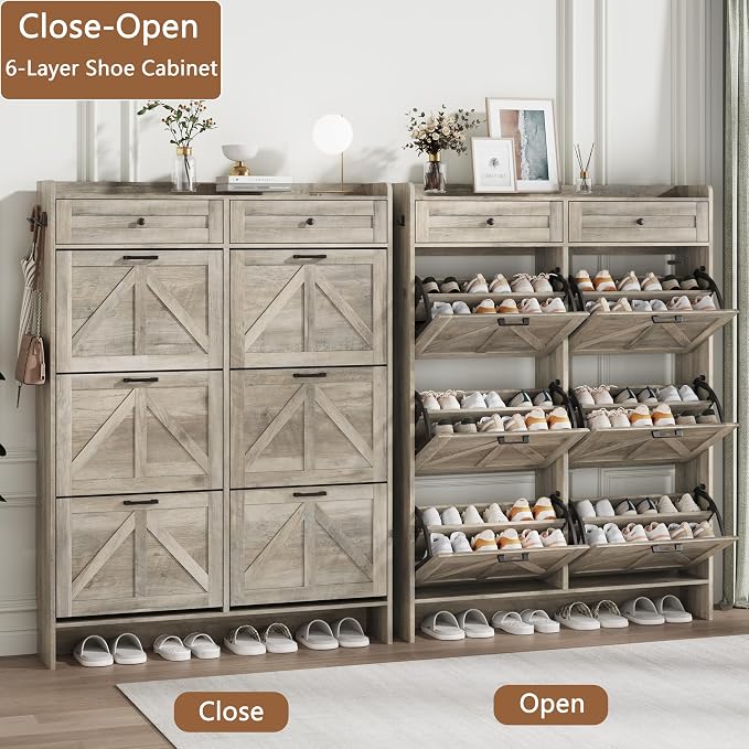 Shoe Cabinet with 6 Flip Drawers & 2 Top Drawers, 57" Tall Freestanding Narrow Wooden Shoe Storage Organizer for Entryway, Hidden Slim Shoe Rack for Front Door Entrance, Hallway, Living Room, Grey