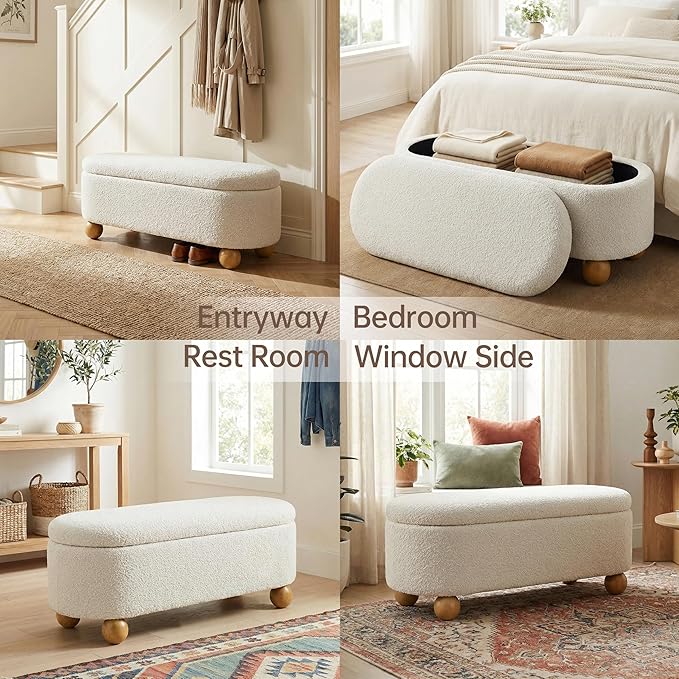 VKNOW 44.8" Storage Ottoman Bench End of Bed Bench, Thickened Upholstered Blanket Chest for Living Room, Entryway Bench with Cute Spherical Solid Wood Stool Legs for Bedroom, Beige