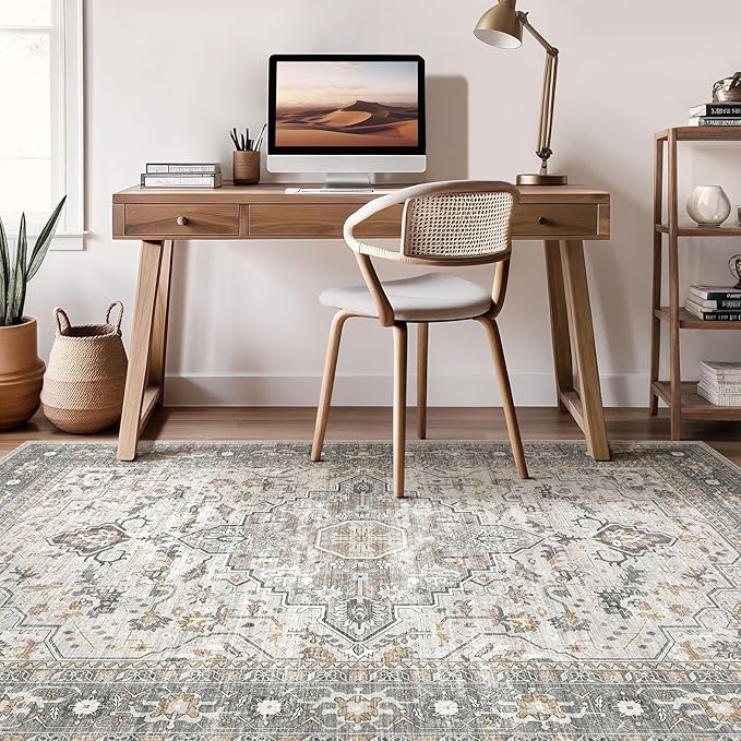 5x8 Area Rugs Living Room: Washable Boho Large Neutral Vintage Soft Rug Stain Resistant Distressed Farmhouse Non-Slip Indoor Floor Carpet for Bedroom Nursery Kids Office Dining Room- Taupe