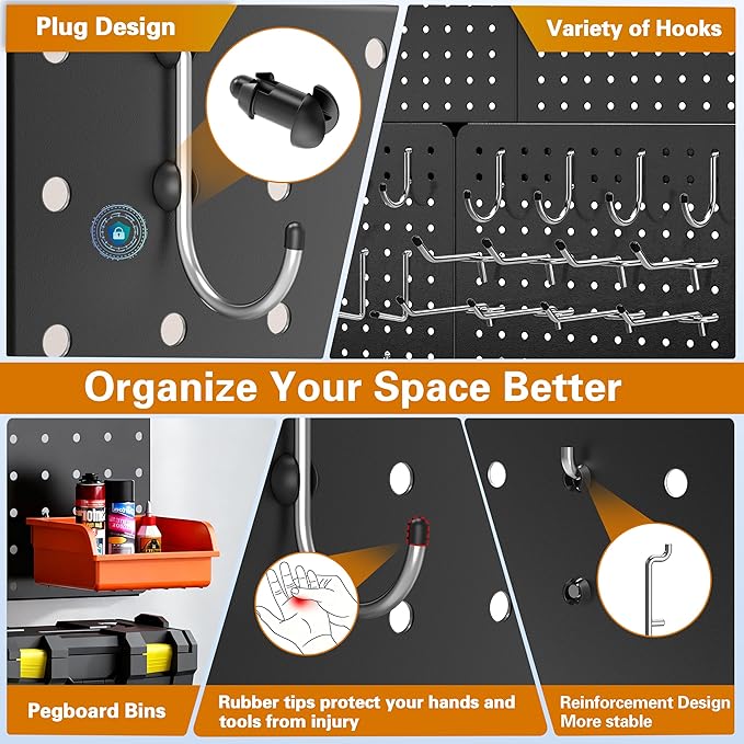 Peg Board, 68PCS Heavy Duty Metal Pegboard with Hooks, 4 Pack Black Peg Board Panels, 50lbs Load Capacity Each, Pegboard Wall Organizer for Garage, Workshop, Craft Rooms Total 24” x 24”