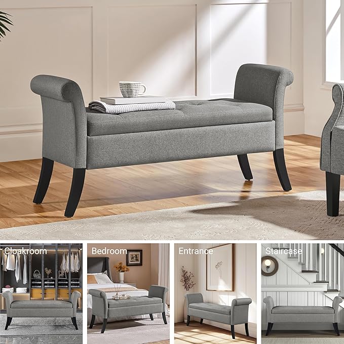 Yaheetech Storage Bench for Entryway Linen Window Bench with Rolled Arms for Bedroom Entryway Window Seat, Light Gray