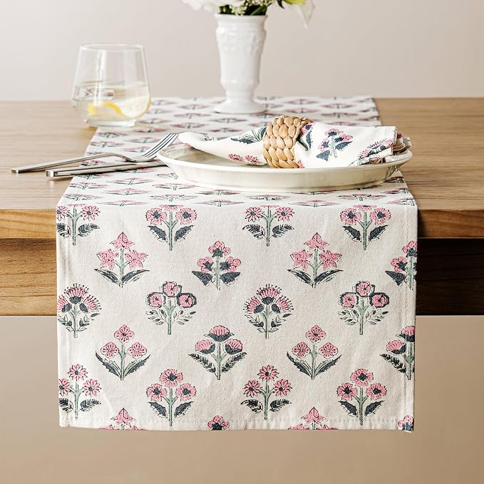 100% Cotton Block Print Floral Table Runners, 13x36 Inch Pink Farmhouse Table Runners 36 Inches Long Boho Flowers Home Decors