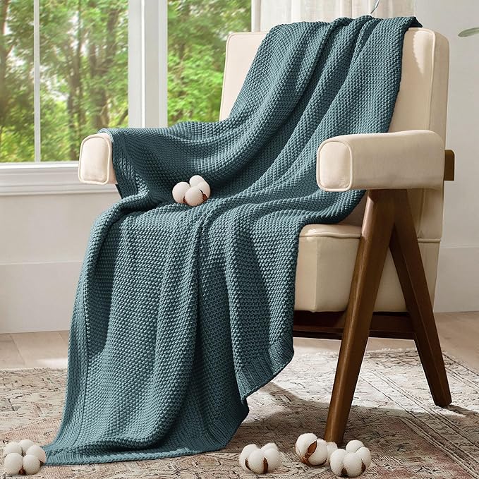 100% Cotton Cable Knit Throw Blanket, Lightweight Soft Knit Blanket for Sofa Couch Bed, Breathable All-Season Throw, Cozy Decorative Blanket, 50 x 60 Inch,Teal